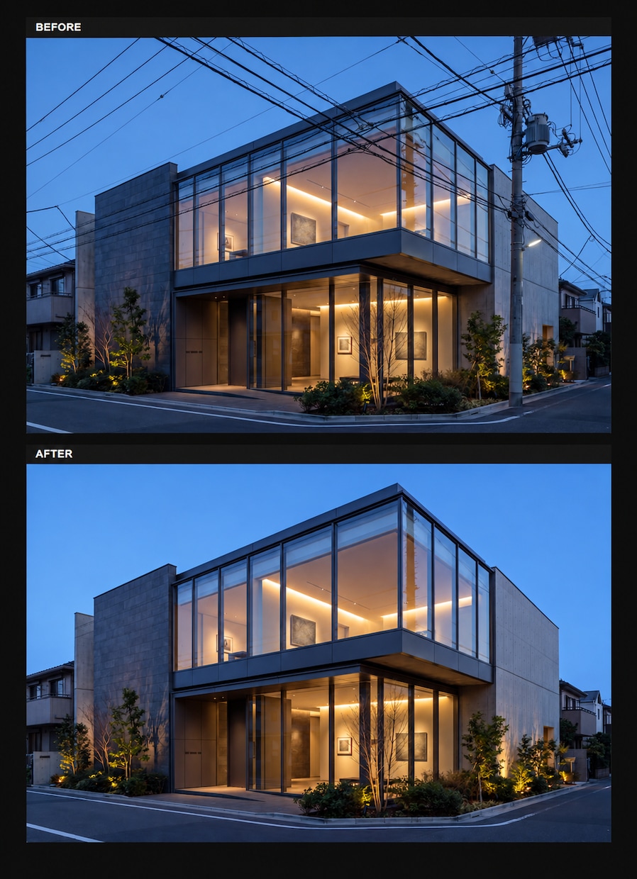 建築写真の電線・電柱・不要物を自然に消します 竣工写真スタジオ経験10年｜空合成・垂直補正も対応 イメージ4