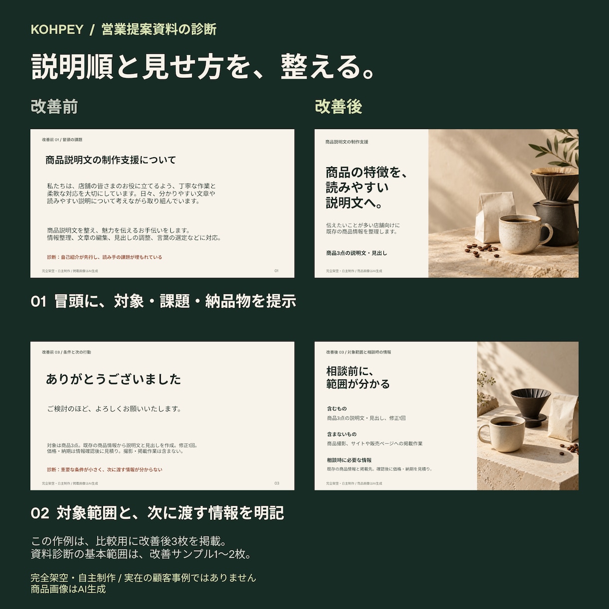 営業・提案資料を診断し構成改善案をお渡しします 10枚までを診断。優先改善点と改善サンプル1〜2枚をご提案 イメージ2