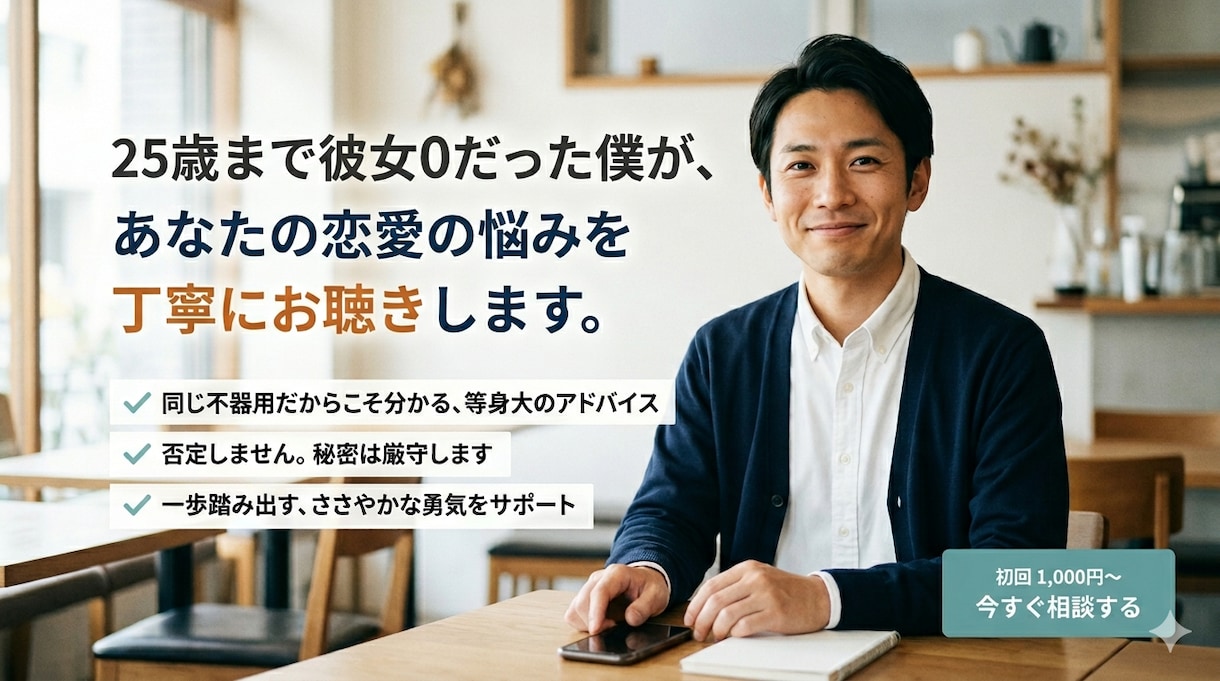 25歳まで彼女0だった僕が恋愛の悩み丁寧に聴きます 不器用で真面目な方のための、一歩踏み出す婚活・悩み相談 イメージ1
