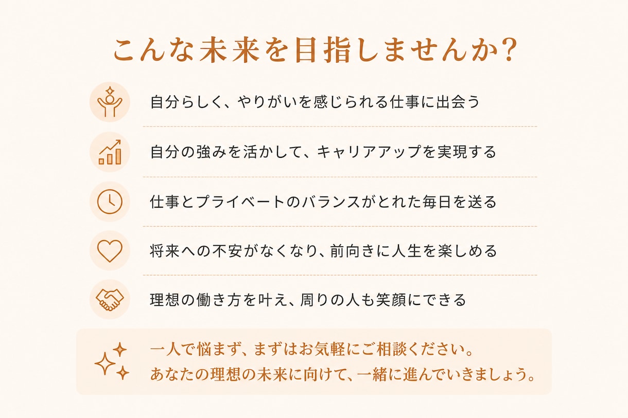 キャリアの不安を“次の一歩”に変えるお手伝いします 働き方・転職・副業の悩みを一緒に言語化 イメージ5