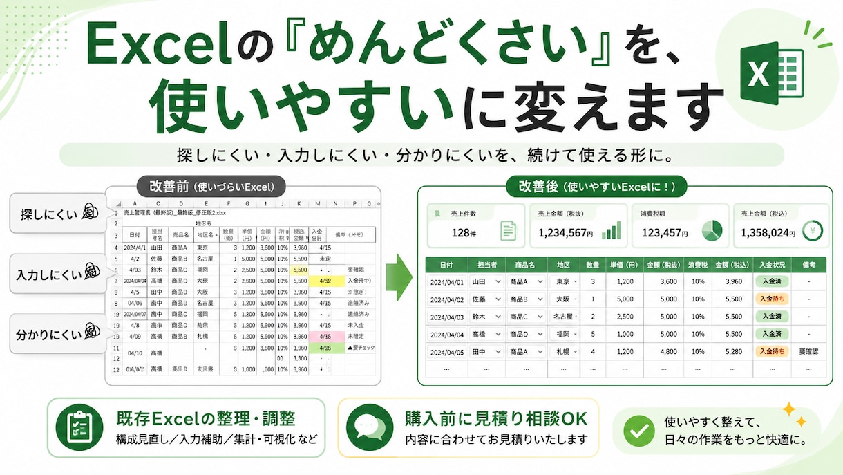Excelの「めんどくさい」を使いやすいに変えます 探しにくい・入力しにくい・分かりにくいを、続けて使える形に。 イメージ1