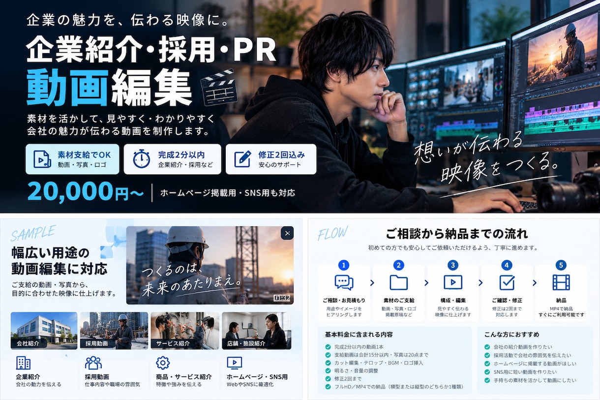 企業の魅力が伝わる紹介・採用動画を編集しますます 素材支給でOK｜会社紹介・採用・PR動画を丁寧に編集 イメージ3