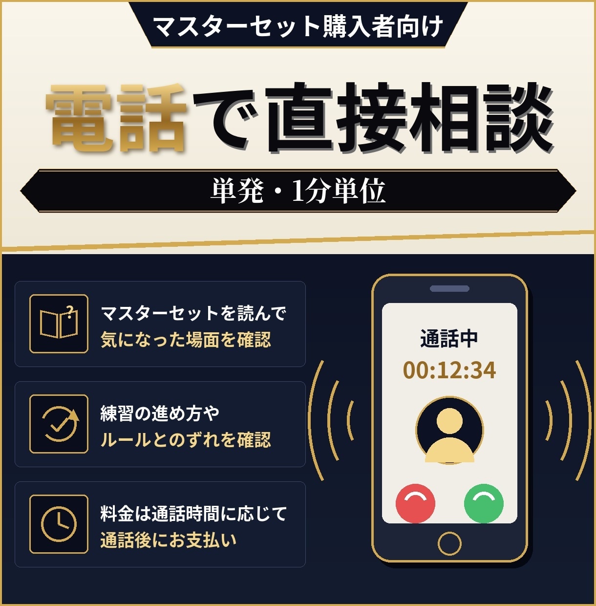 マスターセット購入者の疑問に電話で答えます 読んで気になった場面を、電話で一緒に確認します。 イメージ1