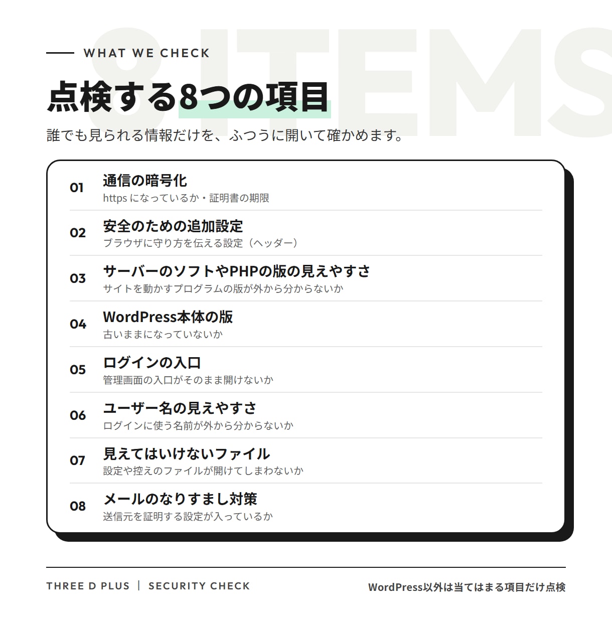ホームページの安全を外から点検し報告書にします ログイン不要。8項目を3色で、専門用語なしのPDF報告書 イメージ2