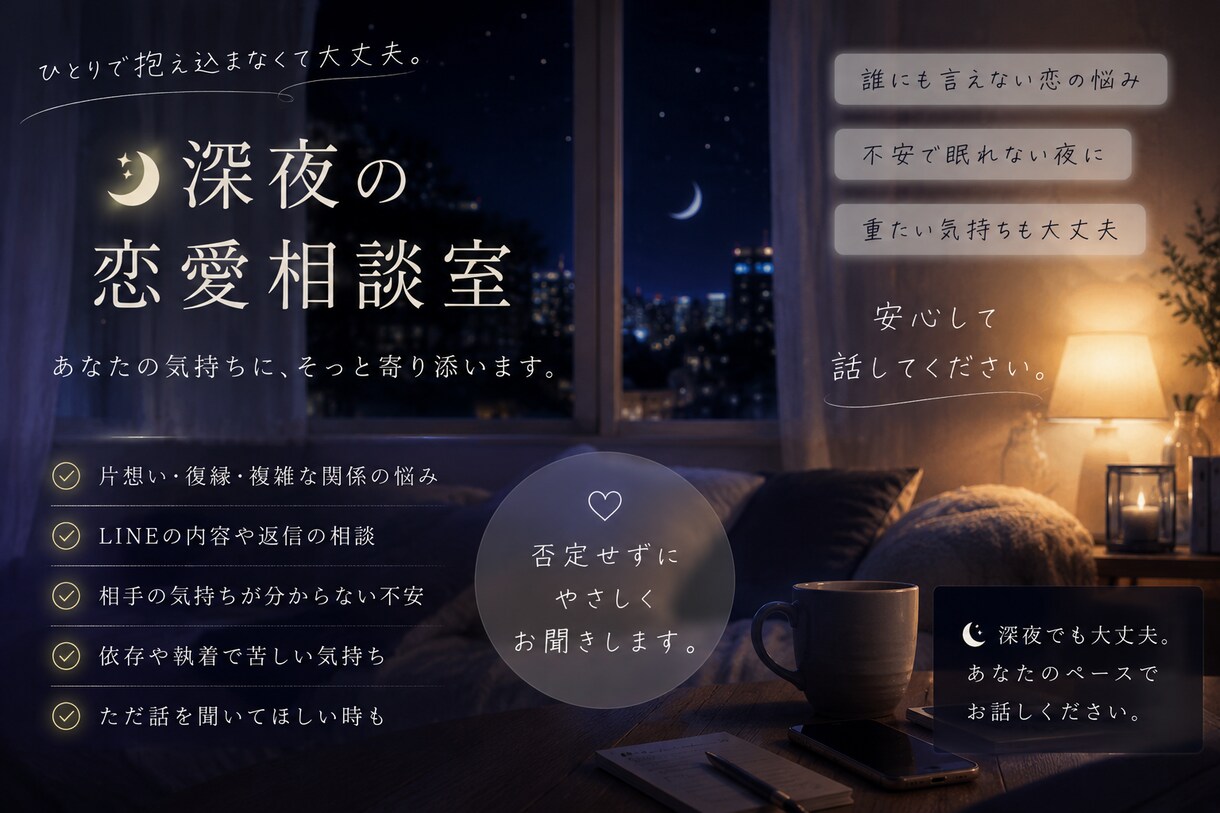 誰にも言えない恋の悩み、聞きます 深夜に話したくなる恋愛相談室。 イメージ1