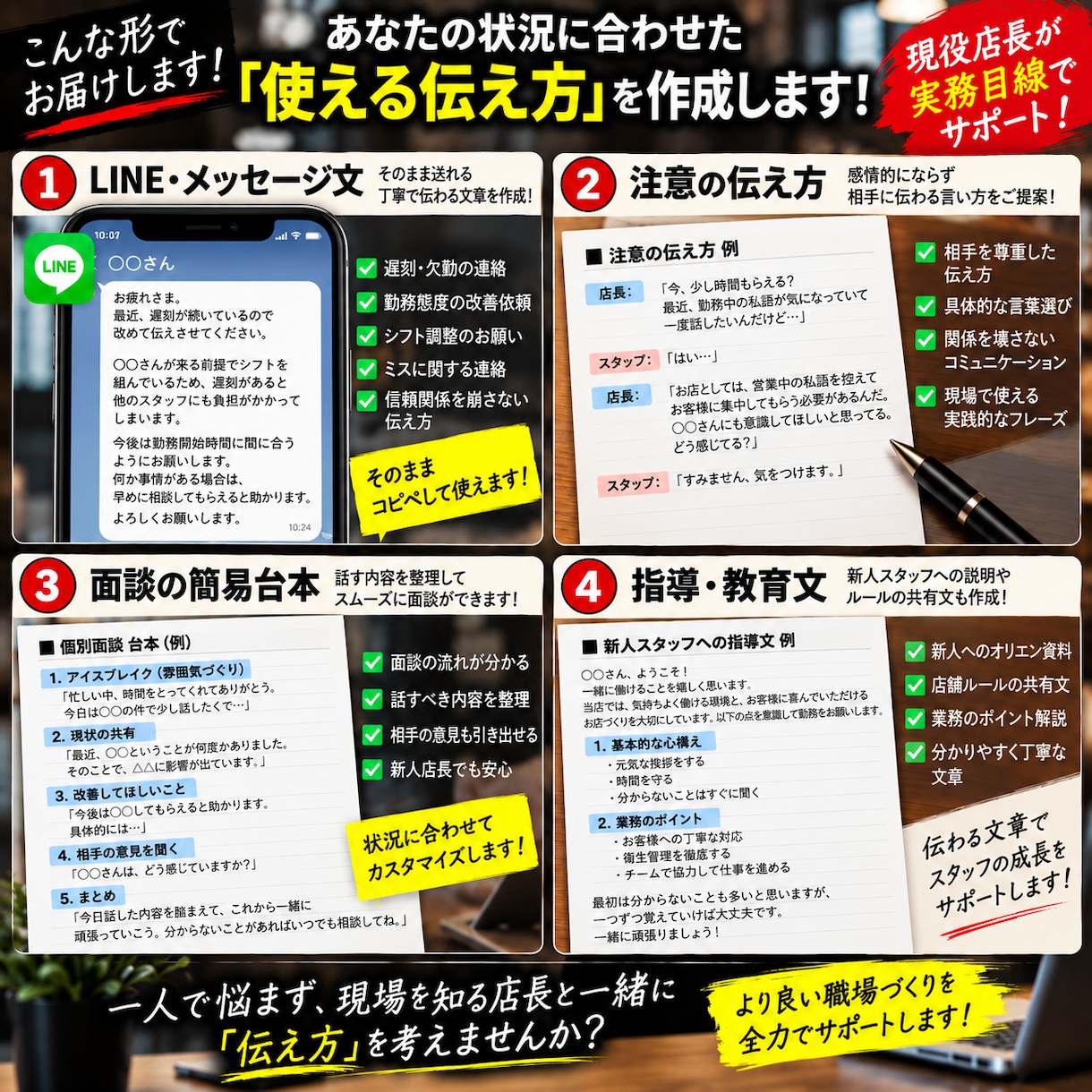 飲食店スタッフへの注意・面談の伝え方を作ります 現役店長が状況に合った「伝え方」を一緒に考えます イメージ3