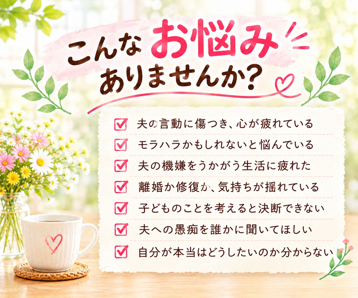 夫婦関係の悩み、モラハラの苦しさをお聴きします 離婚か修復か迷う気持ちも、愚痴も本音も優しく受け止めます♡ イメージ2