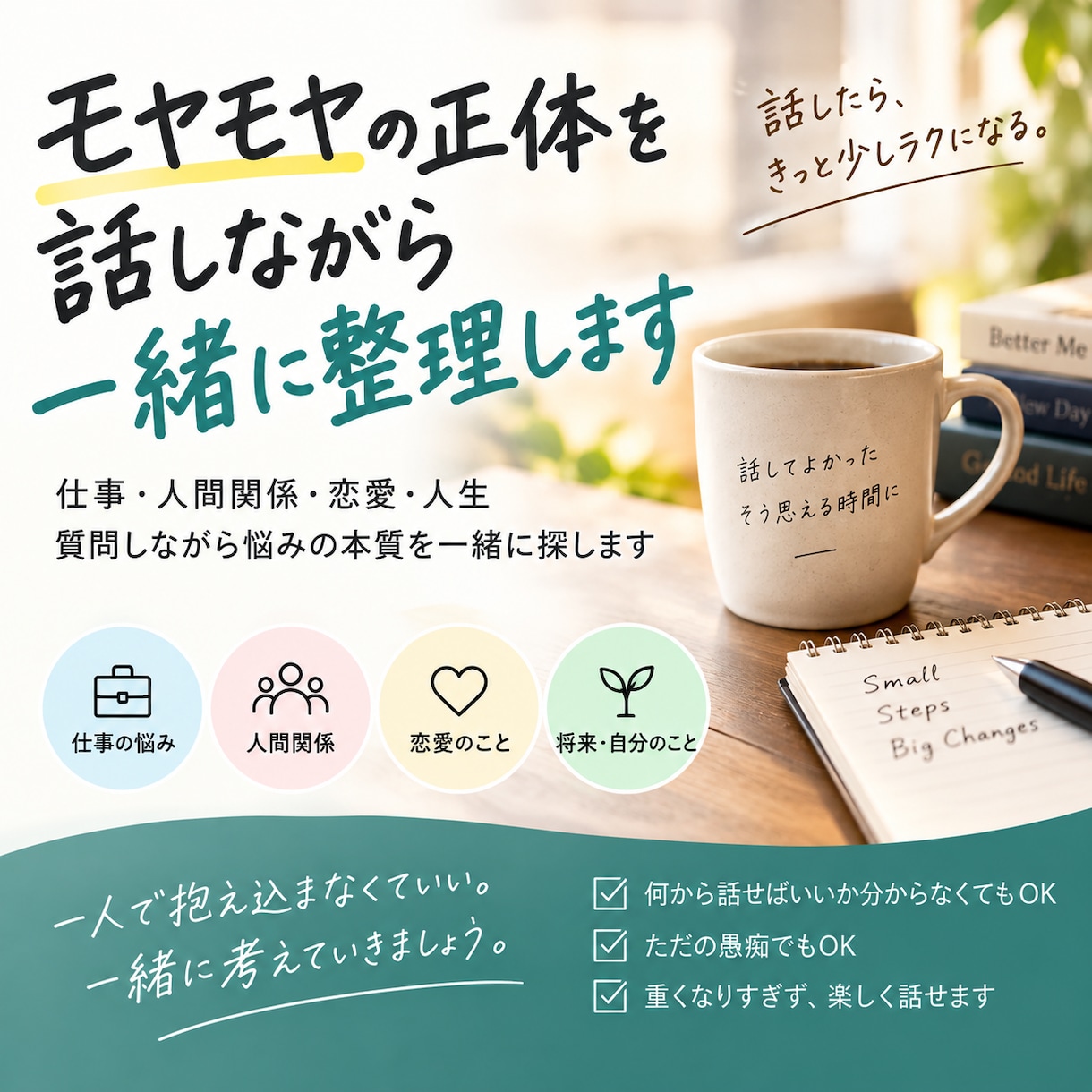 モヤモヤの正体を話しながら一緒に整理します 仕事・人間関係・恋愛・人生｜悩みの本質を一緒に探します イメージ1