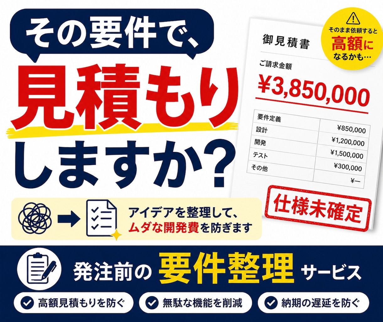 高額見積を防ぐ要件整理をします 作る前の30分で、数十万円変わることがあります。 イメージ1