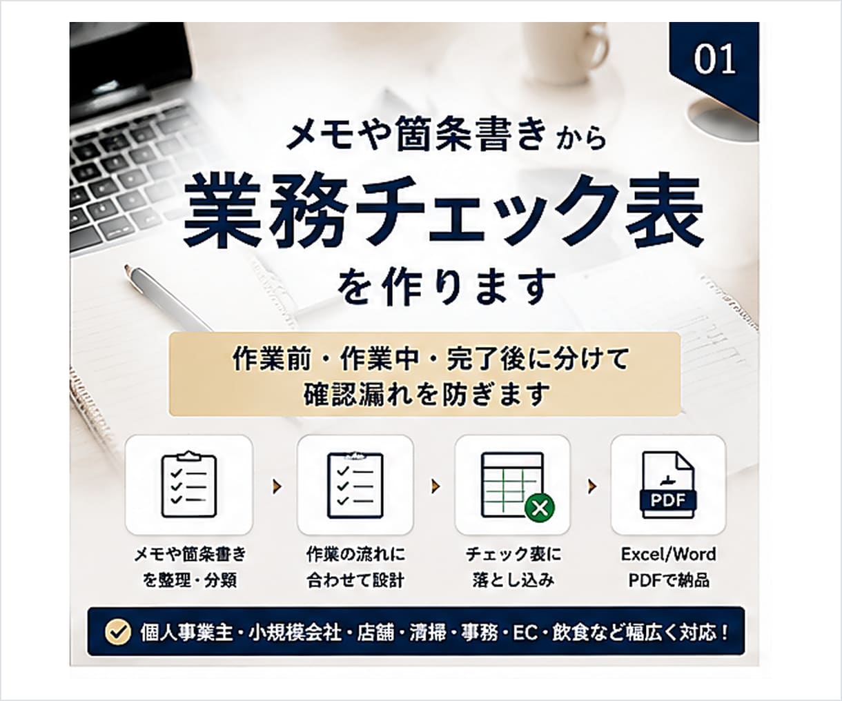 メモや箇条書きから業務チェック表を作ります 作業前・作業中・完了後に分けて確認漏れを防ぎます イメージ1