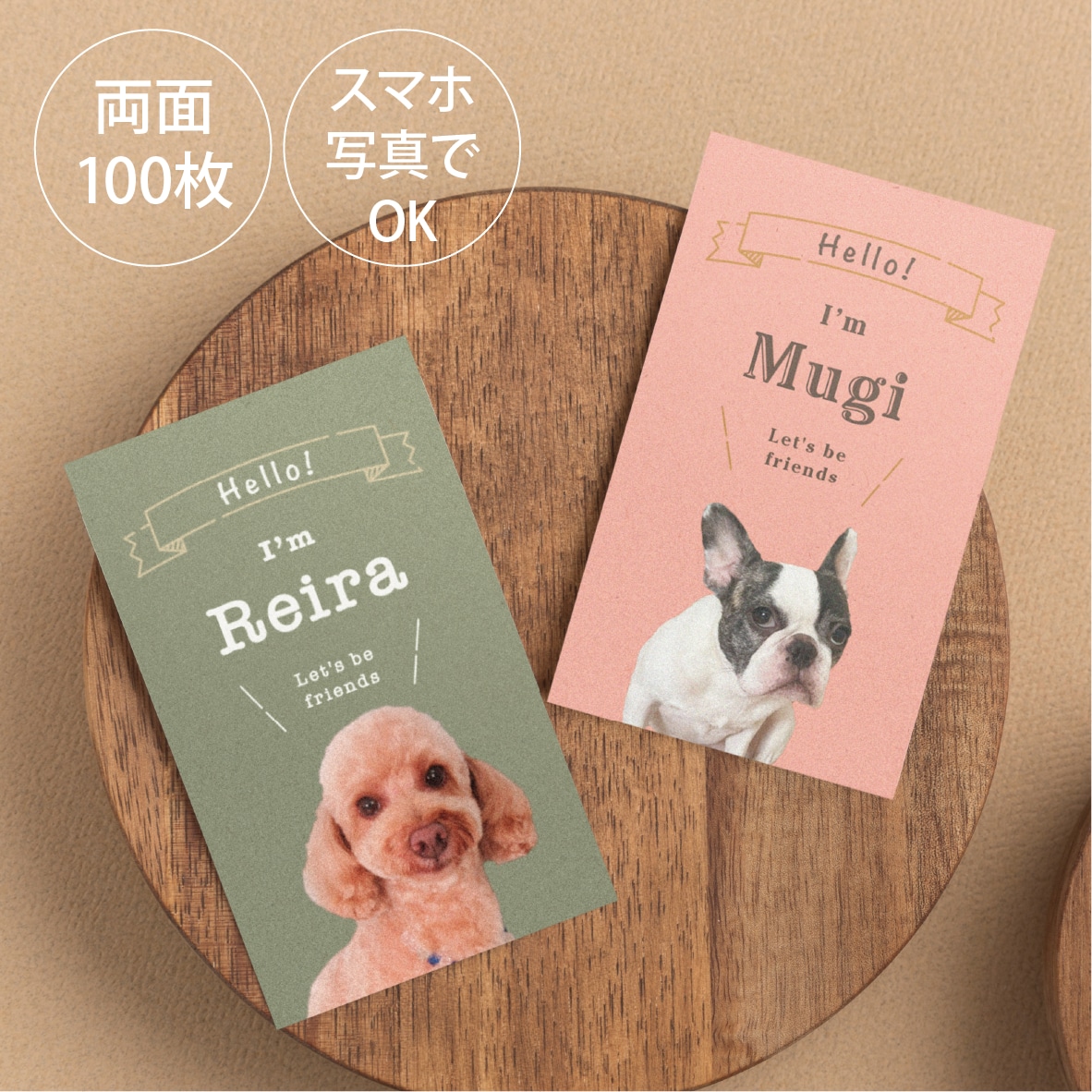 ペット写真名刺｜犬猫などうちの子名刺制作します スマホ撮影OK! 色と書体が選べるセミオーダー100枚送料込 イメージ1