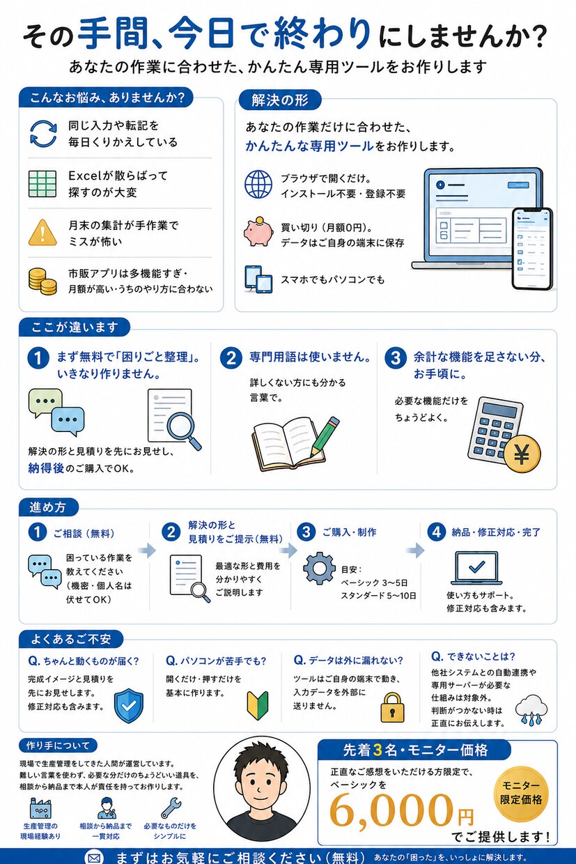 Excelの面倒な作業を専用ツールで自動化します 毎日の入力・集計の手作業、専用ツールでゼロにします イメージ3