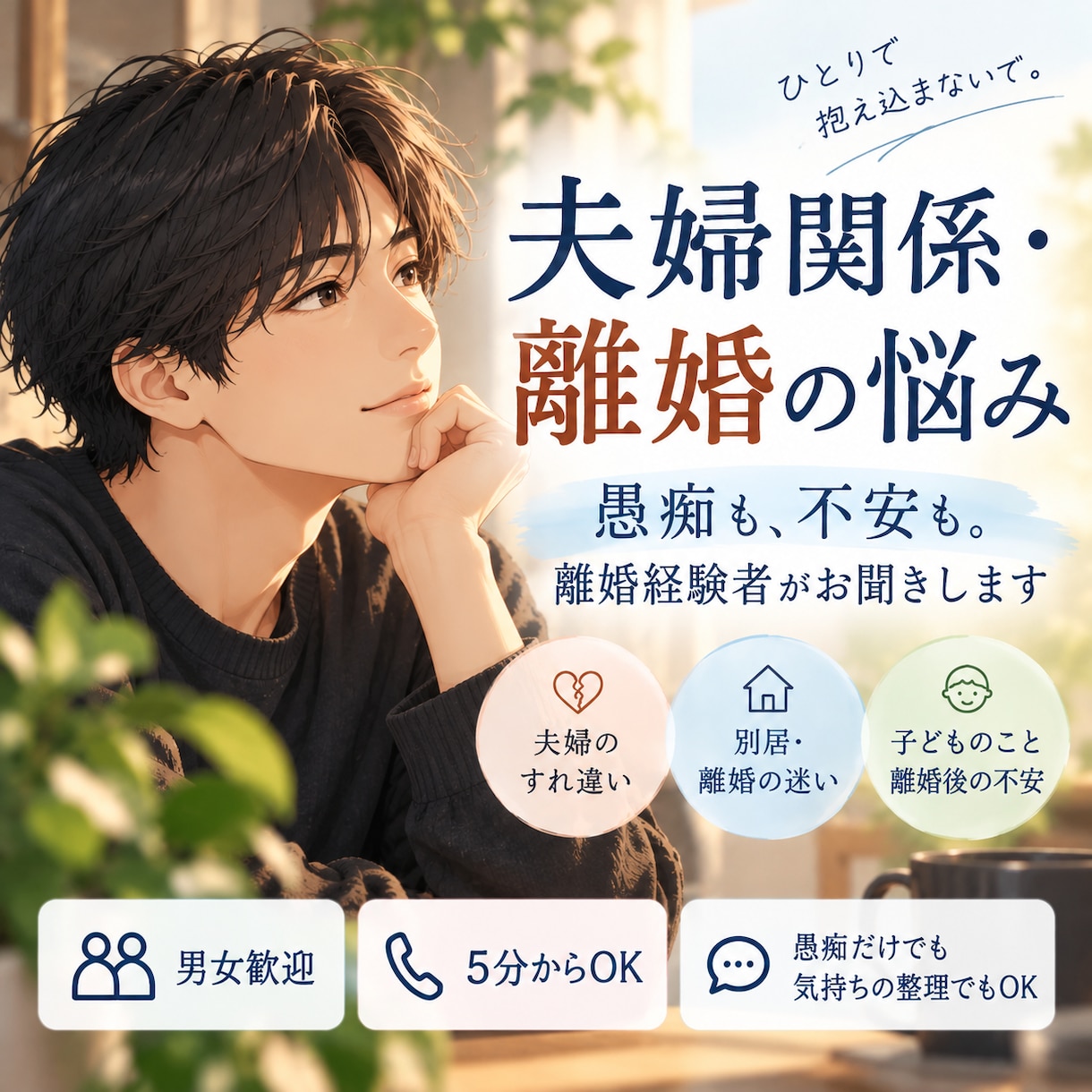 夫婦関係・離婚の悩みや本音を丁寧にお聞きします 離婚経験者の男性が対応｜男女ともに利用可。愚痴も可。 イメージ1