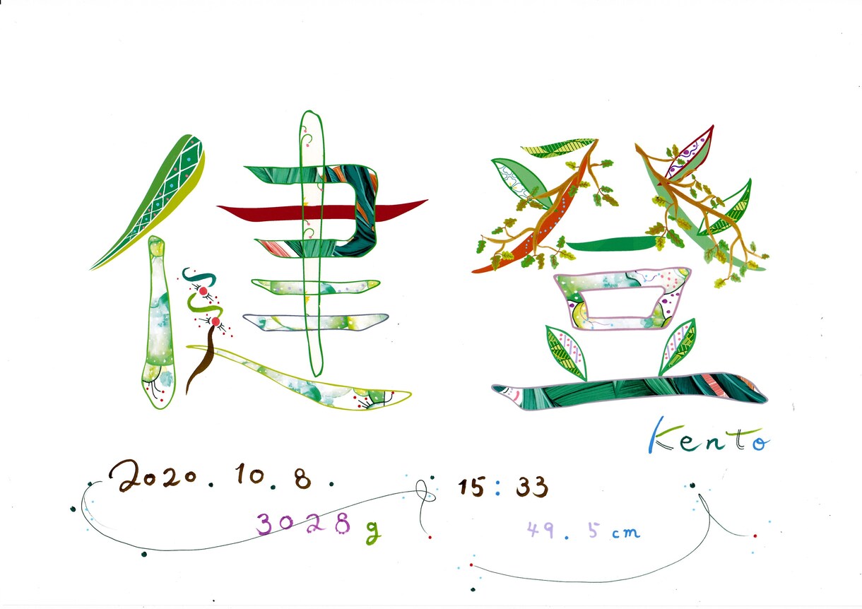 色彩豊かな世界観で個性的で華やかな命名書を描きます 文字に命を宿すように、想いを込めて一つひとつ丁寧に制作します イメージ9