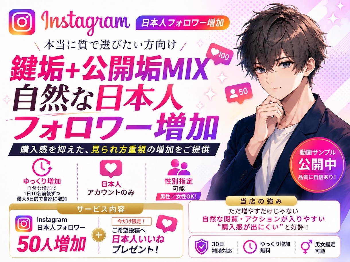 Instagramフォロワー公開垢鍵垢MIXします メインサービス満席時の緊急サービス用！特別サービス有り！ イメージ1