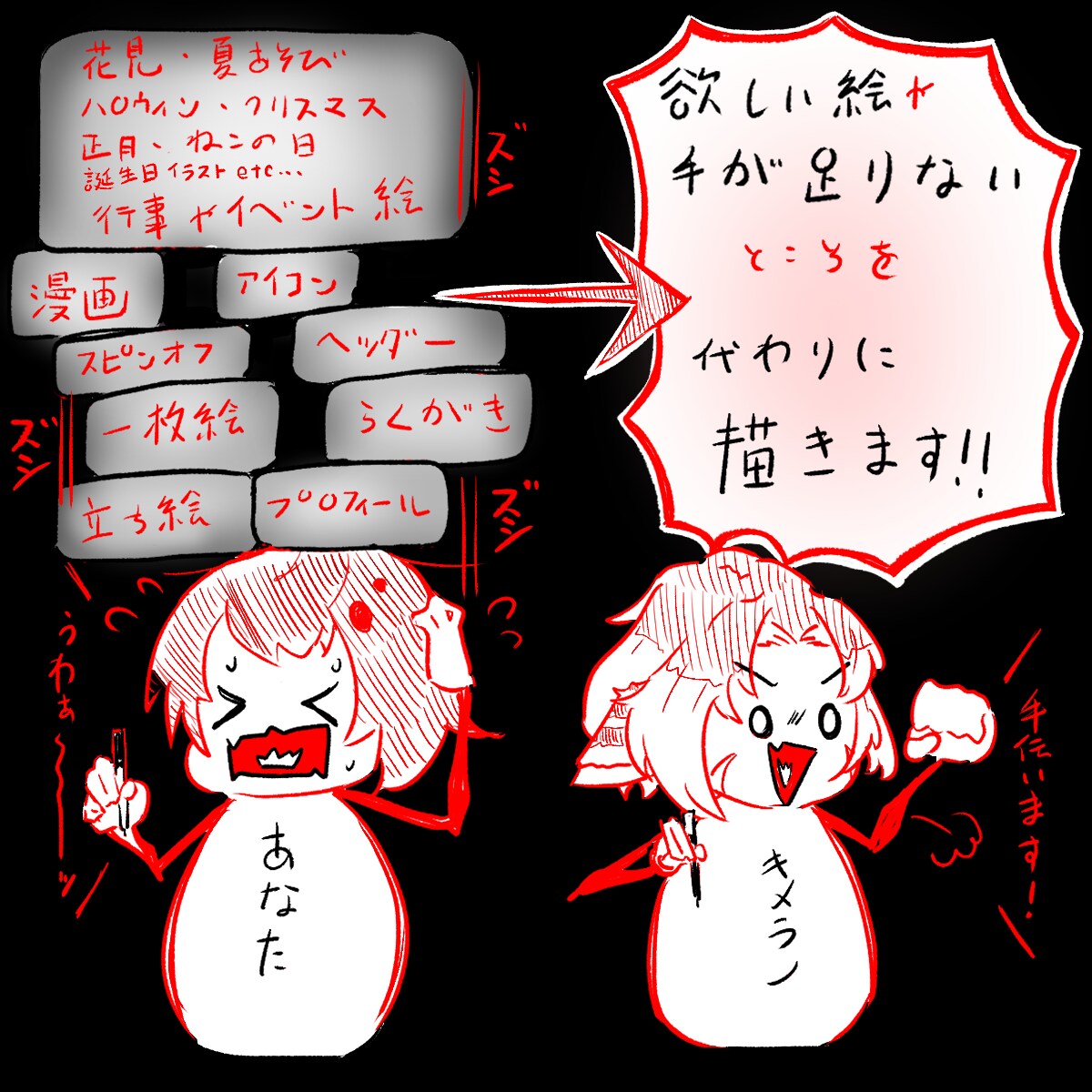 一ヶ月分❨月2回 ❩/ イラストを代わりに描きます 一次創作•オリキャラのイラストを手が足りない方向けに描きます イメージ2