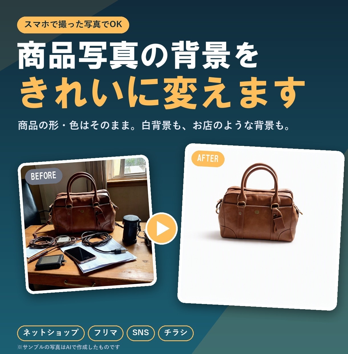 商品写真の背景をAIできれいに変えます スマホで撮った写真を、お店のような1枚に イメージ1