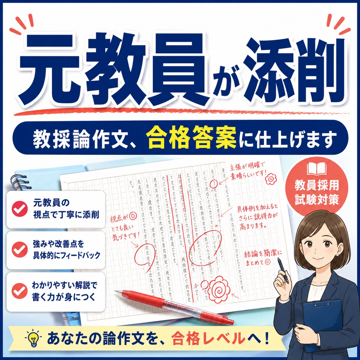 元教員が教採小論文・論作文を採点・添削します 採点者目線で合格答案に仕上げます イメージ1