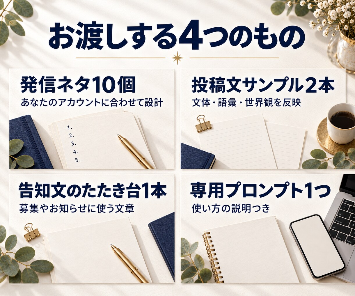 あなたの言葉で伝わる発信の型を作ります 発信ネタ10個+投稿文+プロンプトで世界観のまま迷わず書ける イメージ2