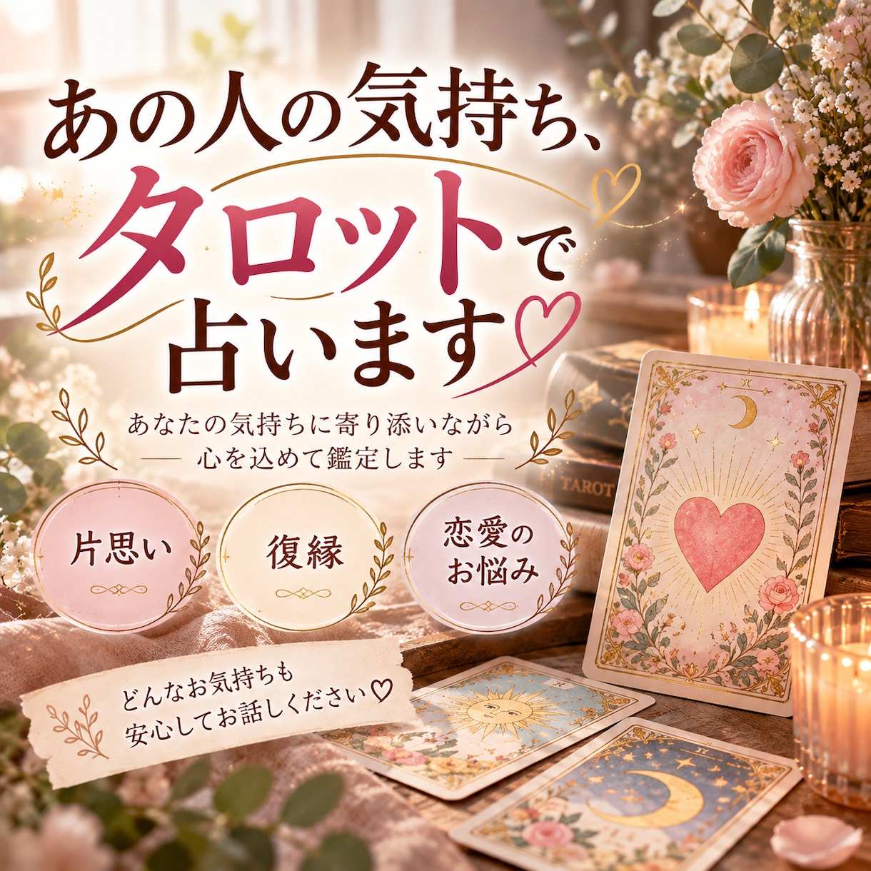 タロットカードで恋愛のお悩みを読み解きます 相手はどう思ってる？　知りたい事などなんでもお聞きください★ イメージ1