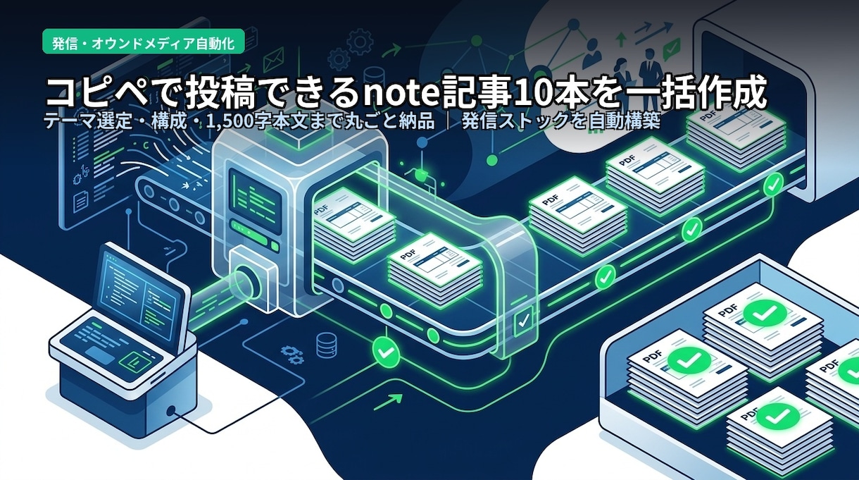 コピペで投稿できるnote記事10本作成します テーマ選定から構成・本文まで！週2投稿で1ヶ月分をストック イメージ1