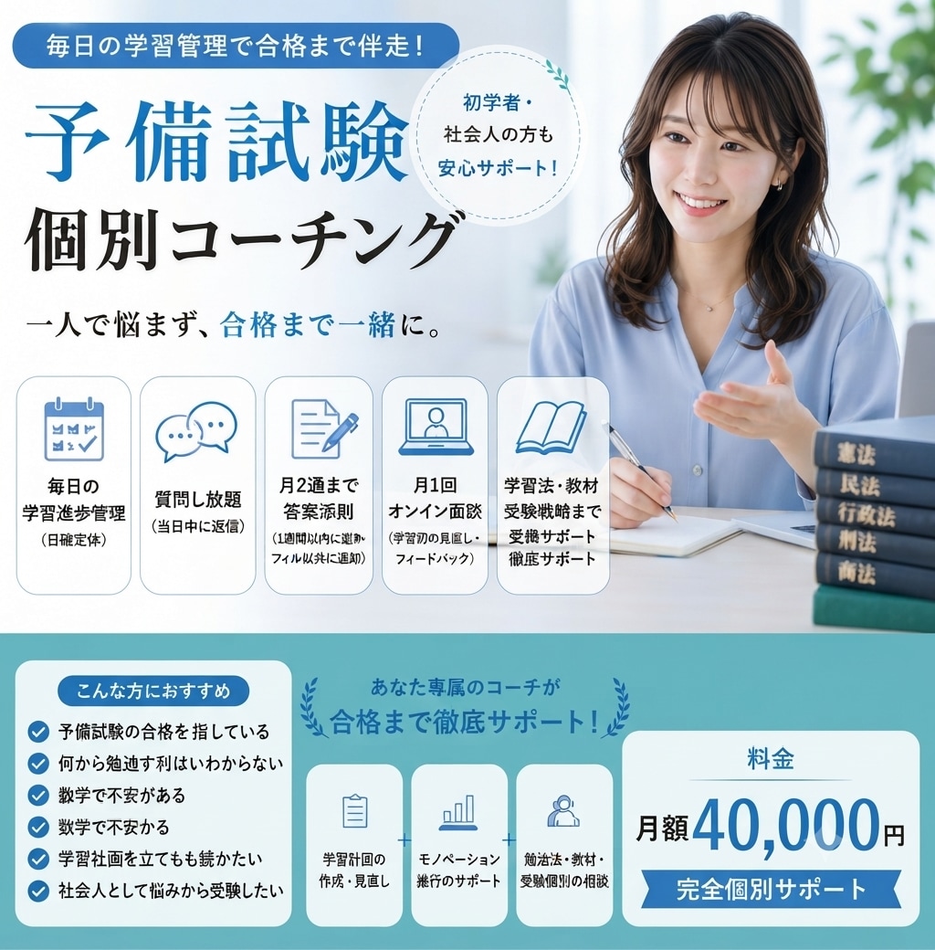 司法試験予備試験の個別指導によるコーチングをします 毎日の学習管理で合格まで伴走します イメージ1