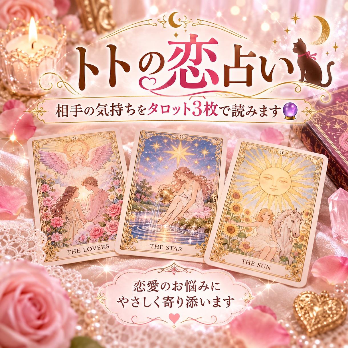 恋愛のお悩みをタロット3枚で読みます 相手の気持ちと今の関係をやさしく整理します。 イメージ1