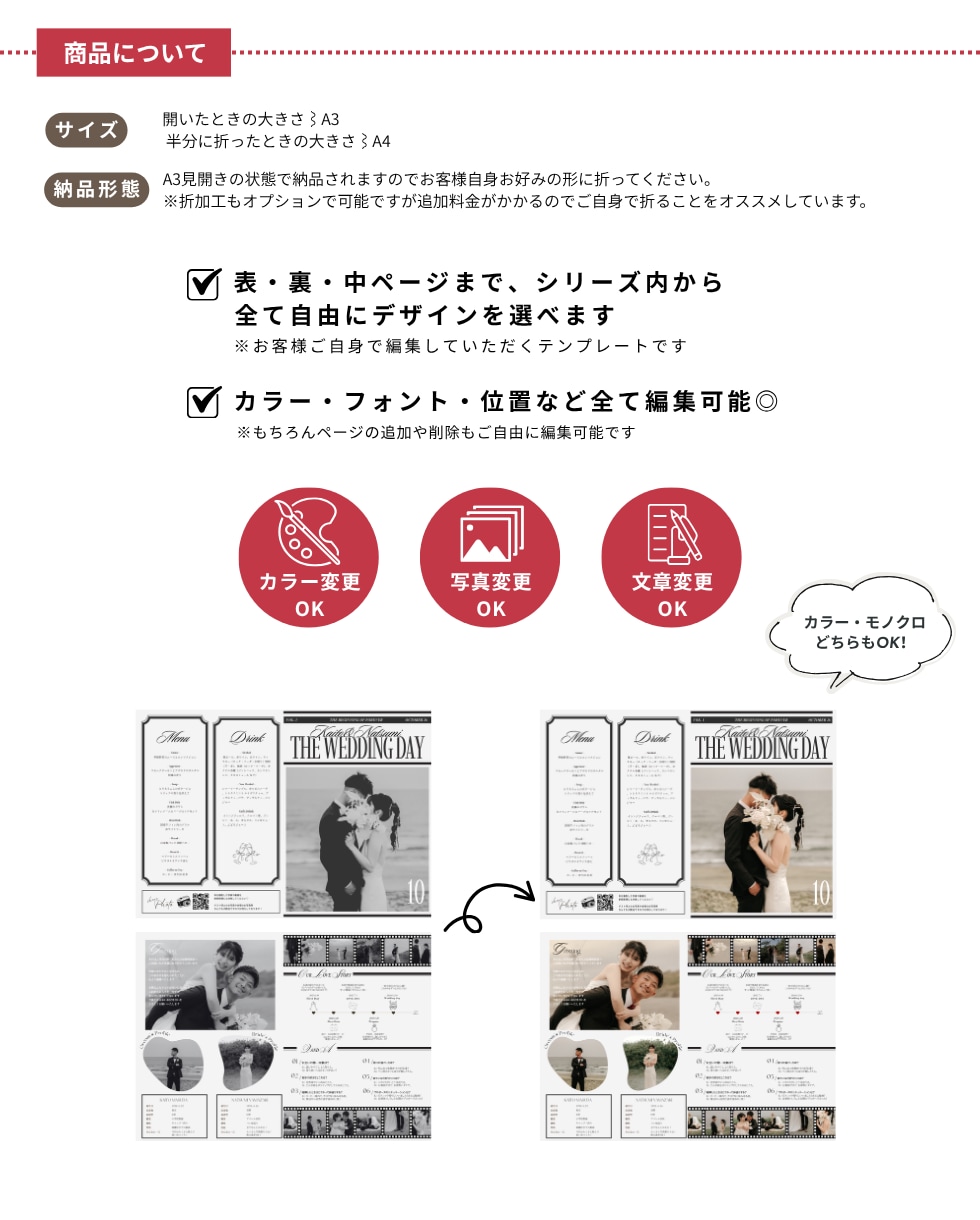 全ページ(両面)選べるブライダル新聞作成できます CANVA操作&加工ガイド・入稿ガイド付き イメージ3