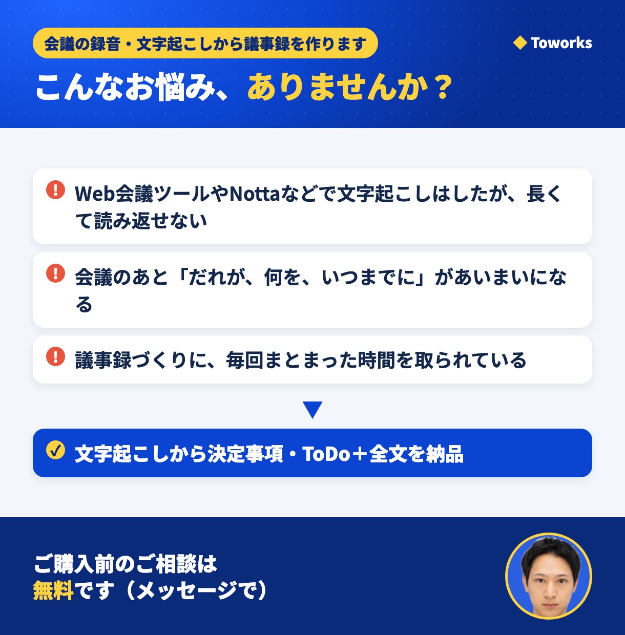 会議の録音・文字起こしから議事録を作ります 文字起こしから決定事項・ToDo＋全文を納品 イメージ3