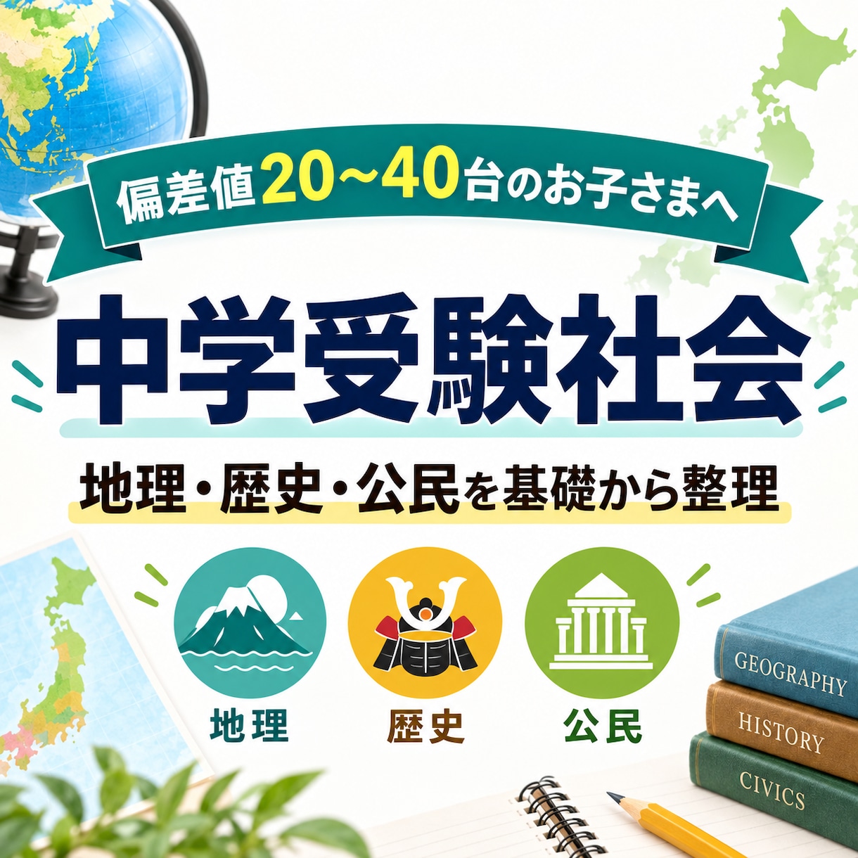 中学受験社会｜偏差値20〜40台を伸ばします 地理・歴史・公民を基礎から整理します イメージ1