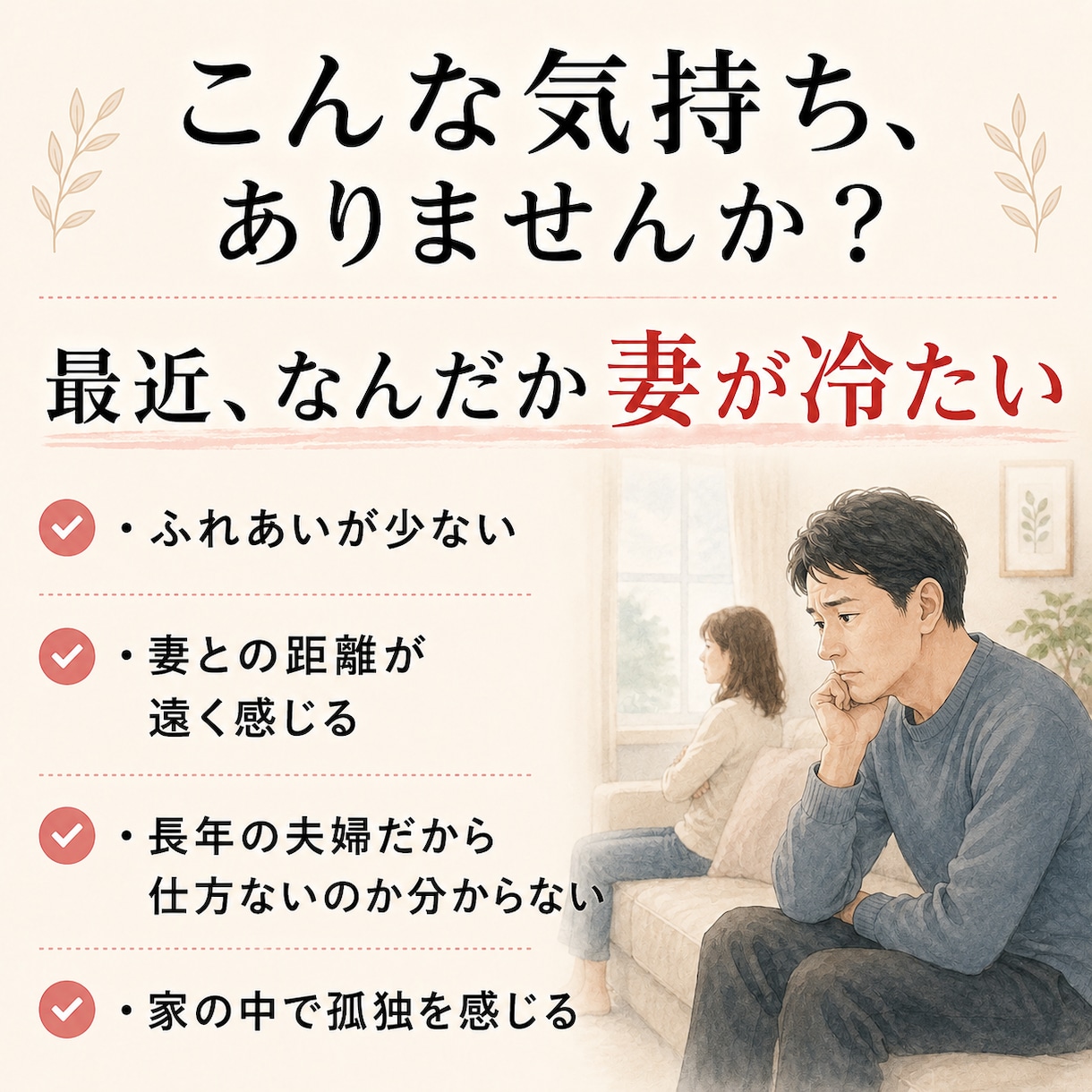 妻との距離｜夫婦関係の相談にのりますキャッチます なぜか冷たい妻との距離。一人で抱え込む前に話しませんか イメージ2