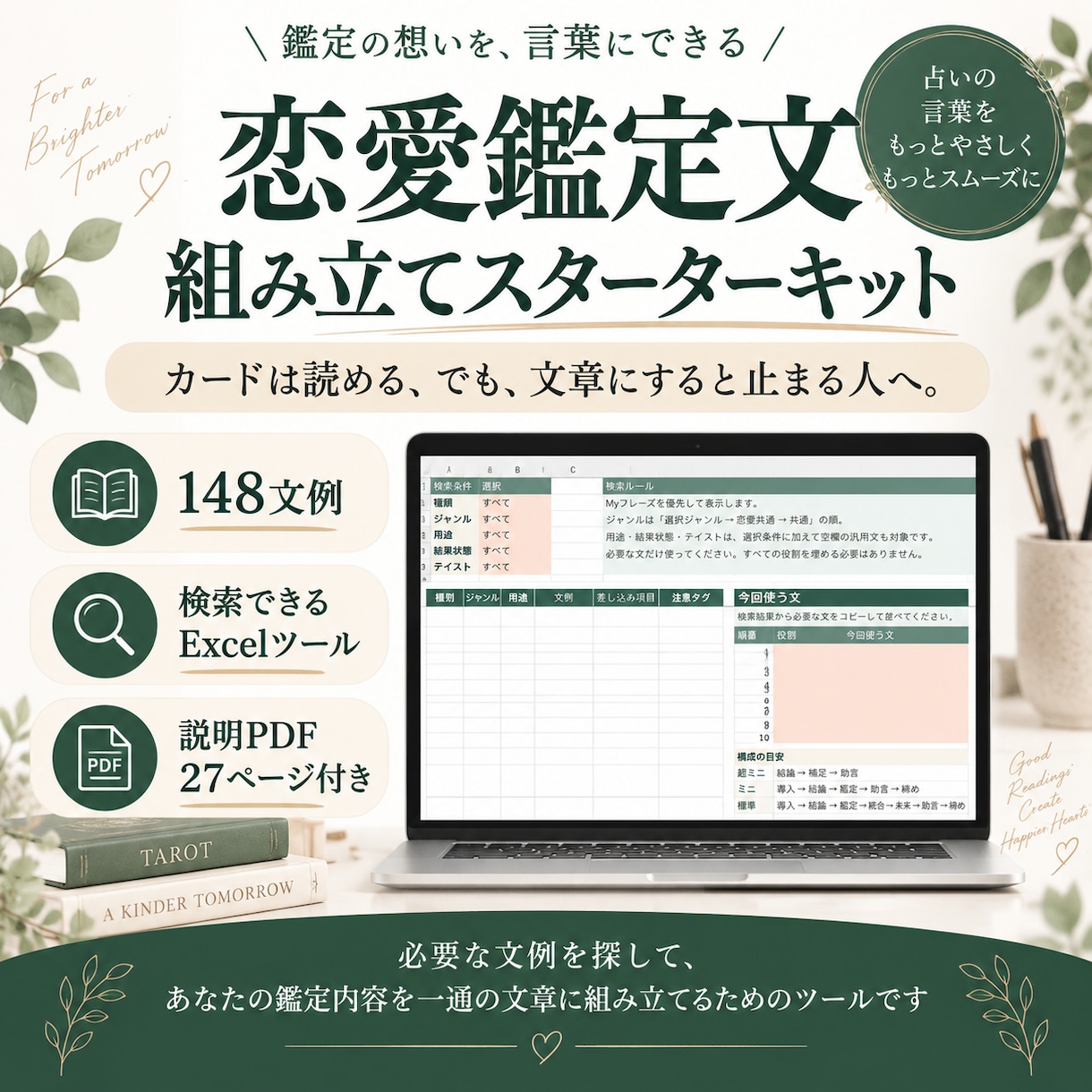 恋愛占い鑑定文の組み立てツールをお渡しします 148文例から必要な言葉を探して組み立てられます イメージ1