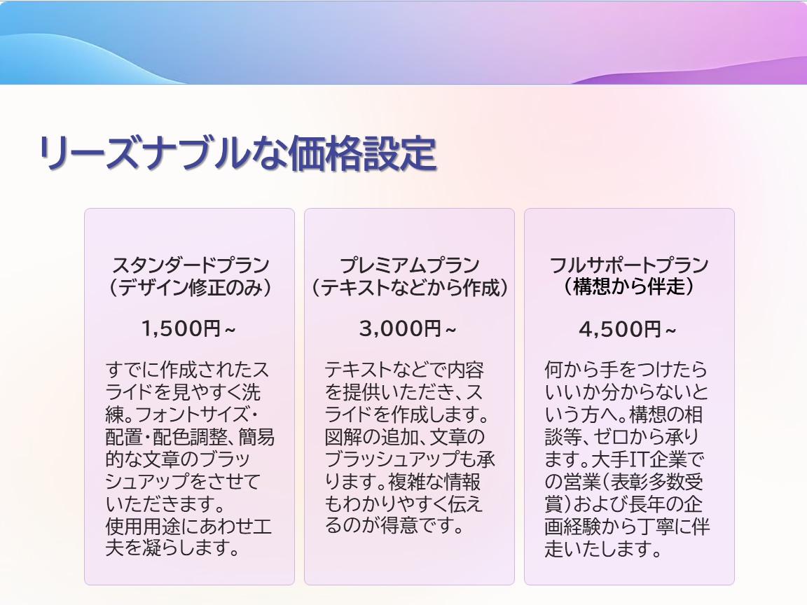 資料作成のプロがあなたの洗練された資料を作成します 現役・大手IT企業社員が高品質の資料を安くご提供 イメージ2
