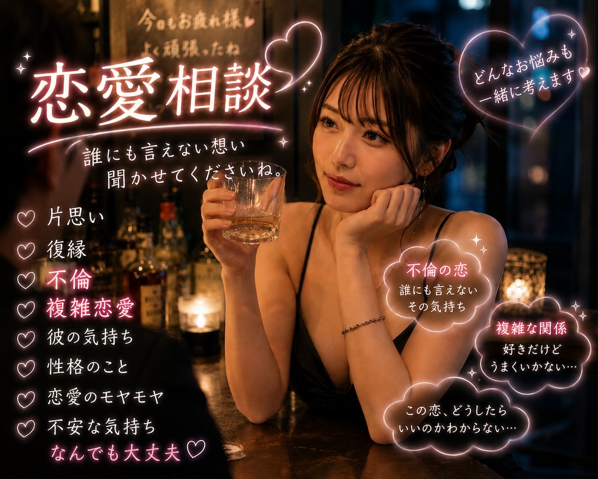 秘密厳守＋否定説教ナシ。ワケあり恋愛聞きます 世間の正論や説教はナシ。訳あり恋愛聞かせてね イメージ1