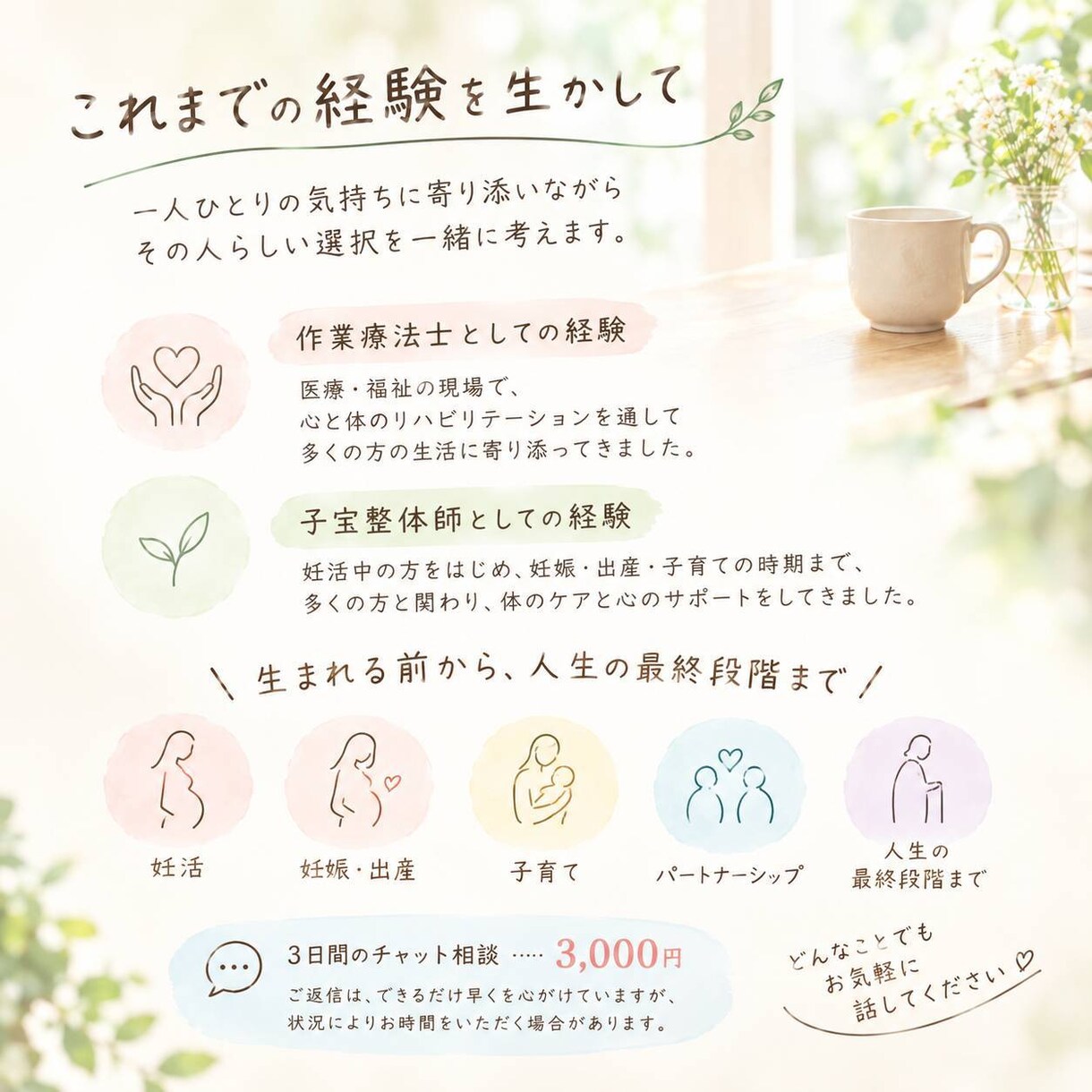 心・体・暮らしのなんでも相談ます 誰にも言えない気持ちも大丈夫。自分らしい選択を見つける3日間 イメージ5