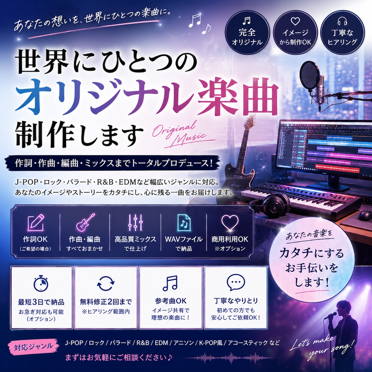 イメージに合わせたインスト曲を制作します あなたのイメージを世界に一つだけのオリジナル曲に。 イメージ1