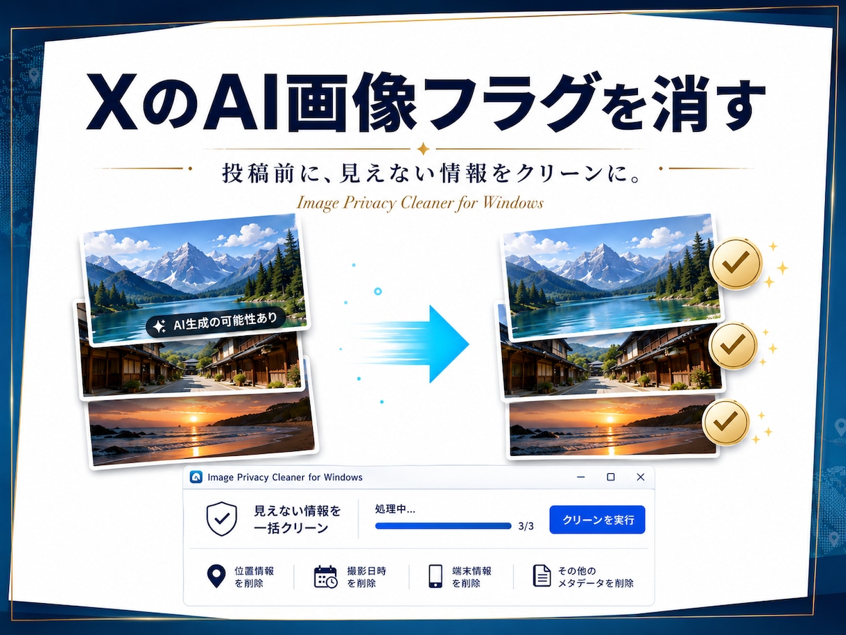 SNSでAI画像フラグを消すツール販売します 画像の位置情報・メタデータも完全に書き換えられます。 イメージ1