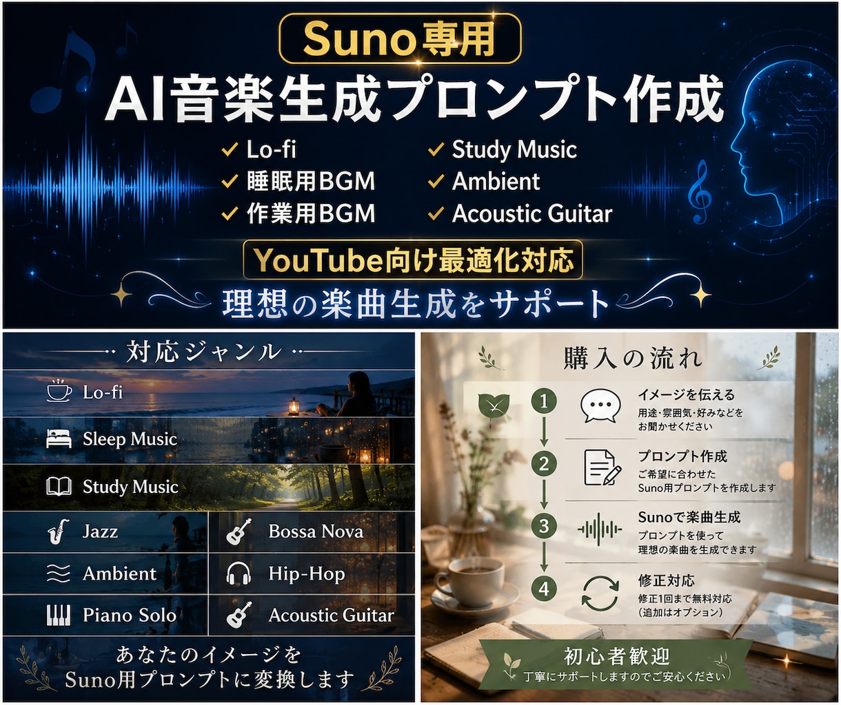 Suno専用AI音楽生成プロンプト目的別作成します 理想の音楽をSunoで形にするプロンプトを作成します イメージ1