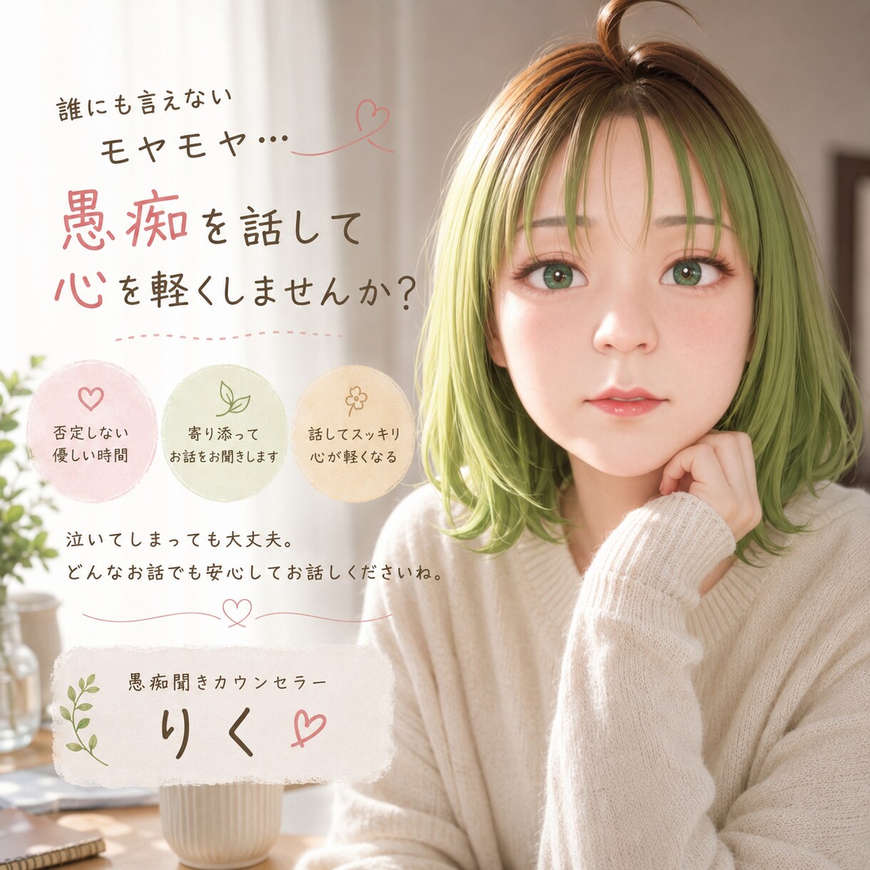 あなたの心の声、私がお聞きします 「誰にも言えない悩みや愚痴、私が優しくお聞きします」 イメージ1