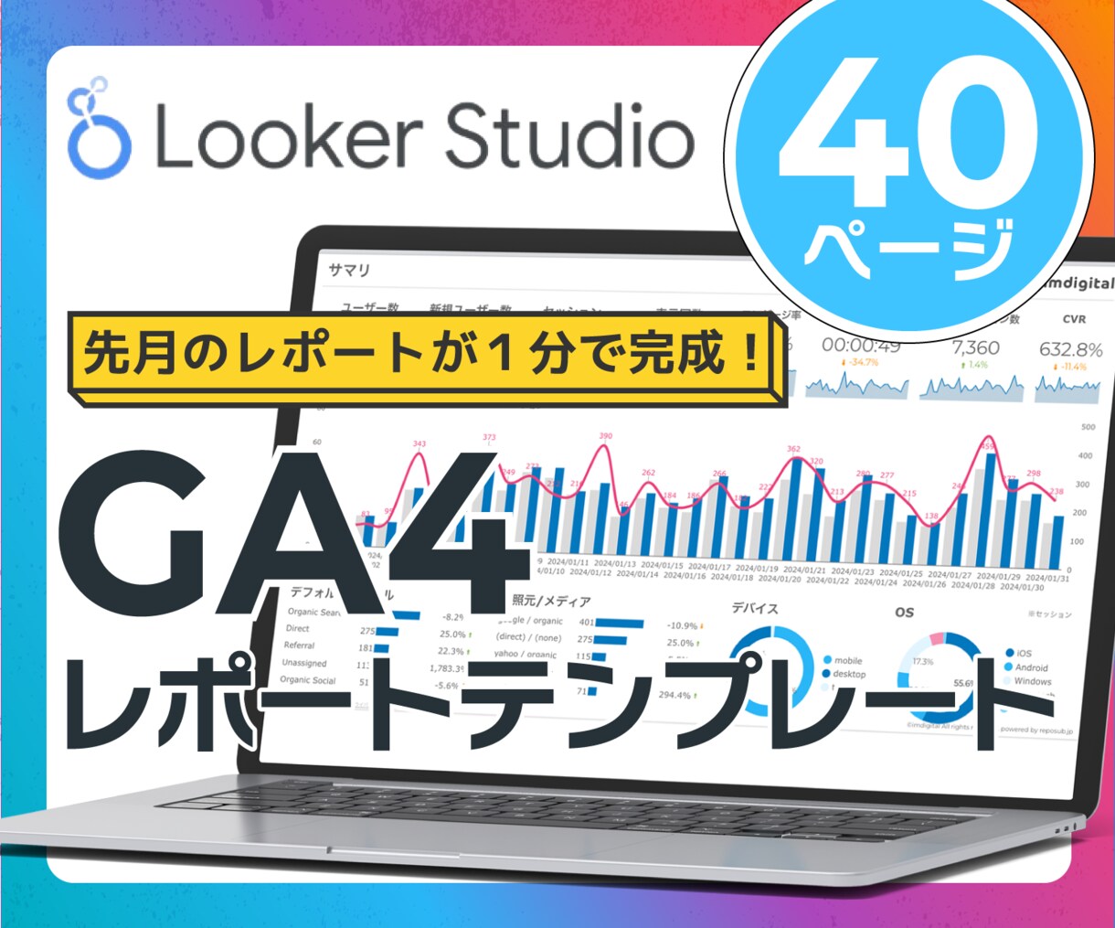 GA4のレポートテンプレート（40p）を販売します これを使えば先月のレポートが１分で完成します！ イメージ1