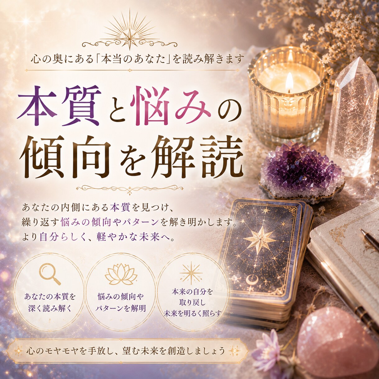 本質と悩みの傾向を読み解きます 繰り返す悩みの背景と、ご自身の持ち味を整理します イメージ1