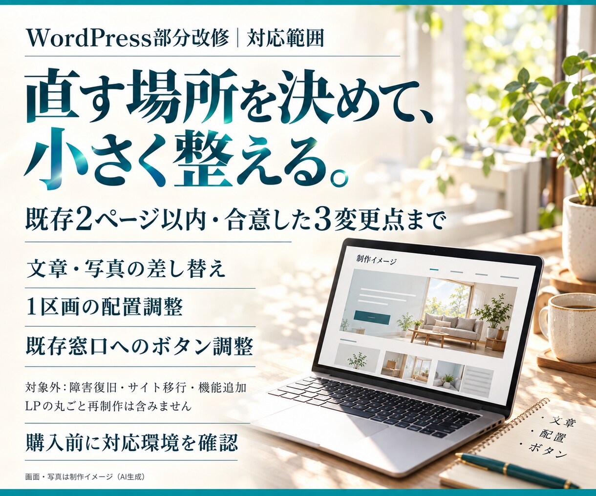既存WordPressの部分改修をします 文章・写真・配置を、決めた範囲で整えます イメージ2