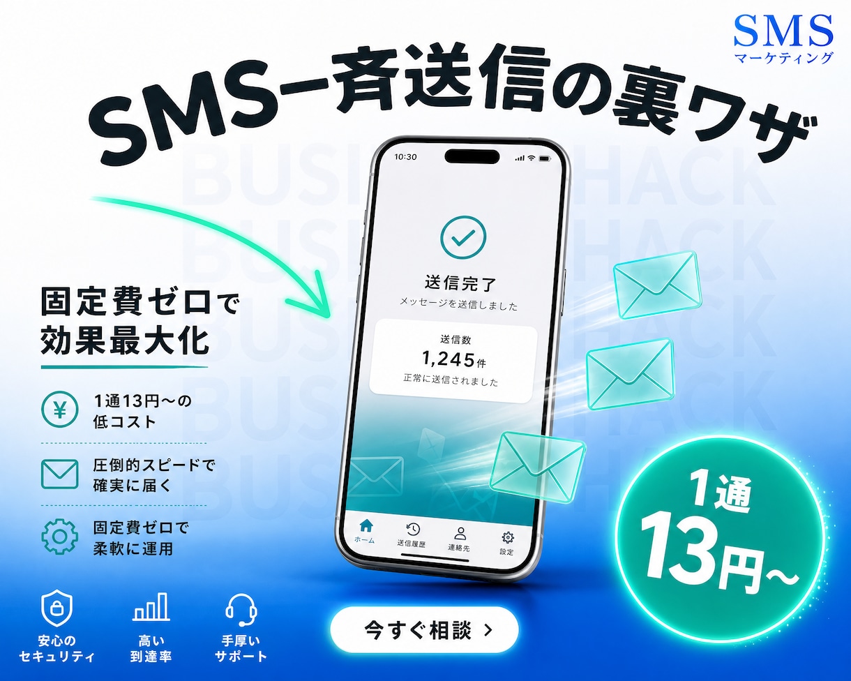 スマホ番号宛一斉送信を代行いたします 1通13円から、固定費ゼロで名前表示SMS、送信日時指定可能 イメージ1
