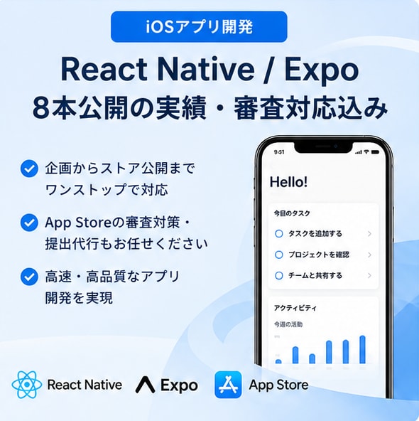 iOSアプリを企画からストア公開まで開発します React Native/Expo・8本公開の実績・審査対応 イメージ1