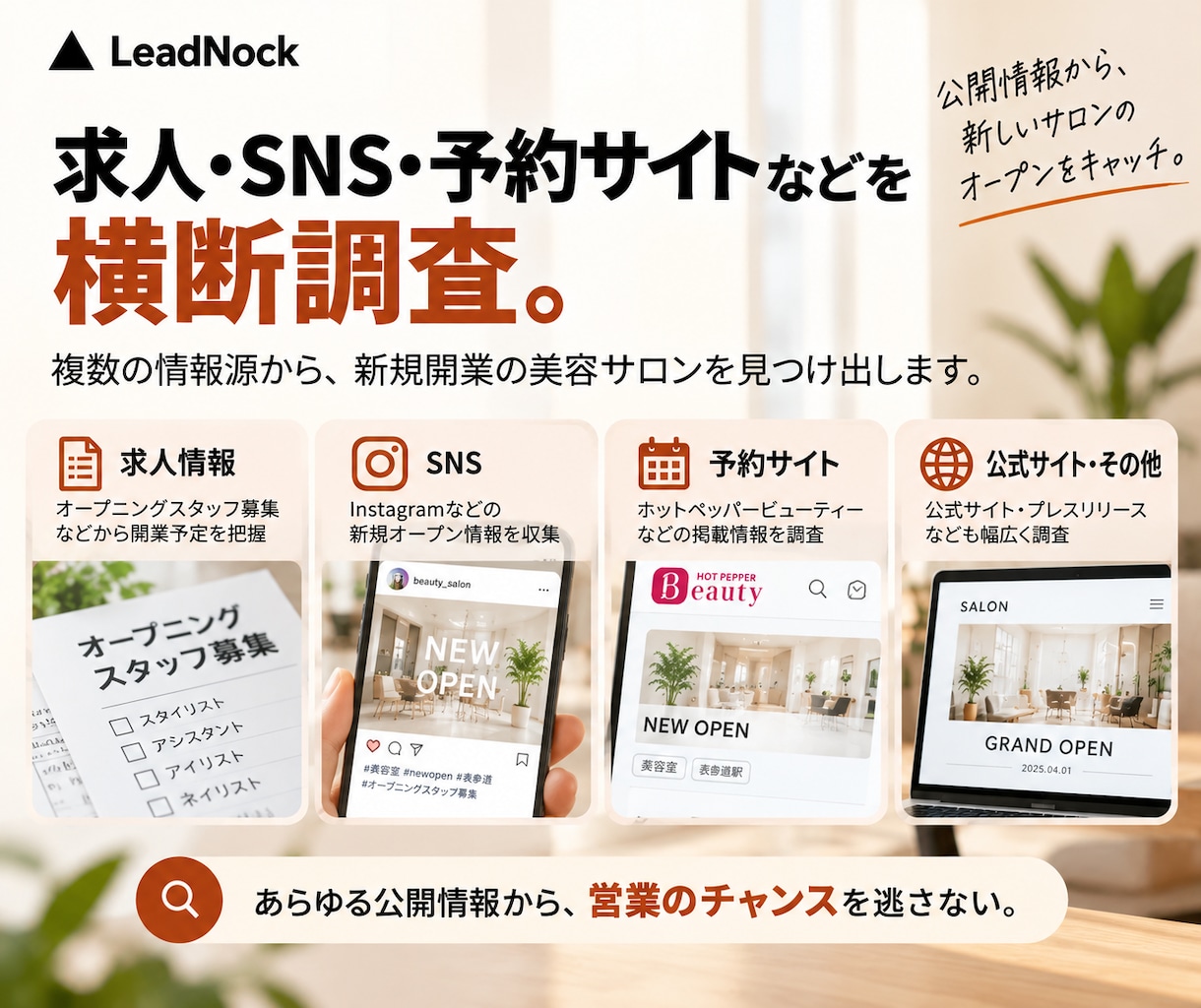 新規開業・開業予定の美容サロンを調査します 開業前の兆候を調査し、他社より早い営業先探しに イメージ3
