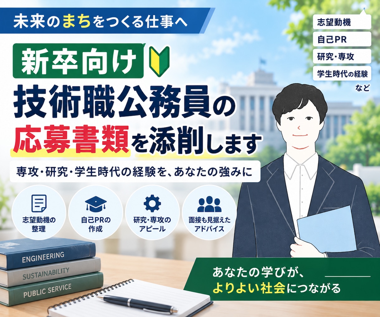新卒向け！技術職公務員の応募書類を添削します 専攻・研究・学生時代の経験から、あなたの強みを一緒に整理 イメージ1