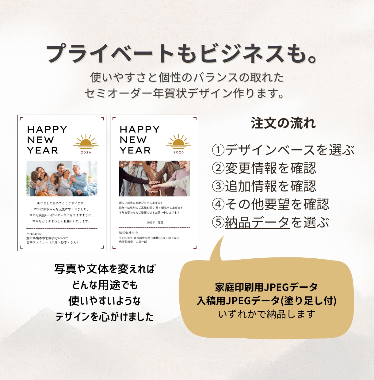 最短2時間～即日！セミオーダー年賀状作ります 2026年ビジネスにプライベートにも！使いやすいのに個性的！ イメージ2