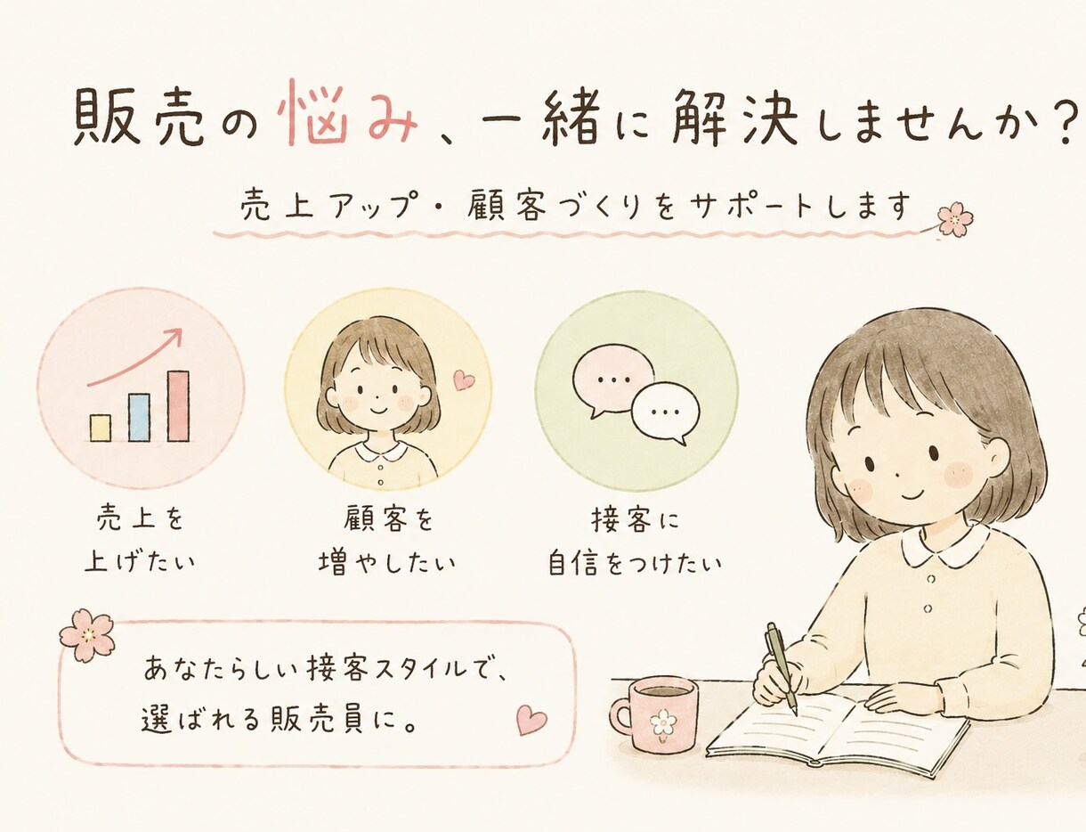 またあなたから買いたいと言われる接客を教えます 売ることに悩むあなたへ。「選ばれる接客」を一緒に育てます。 イメージ1