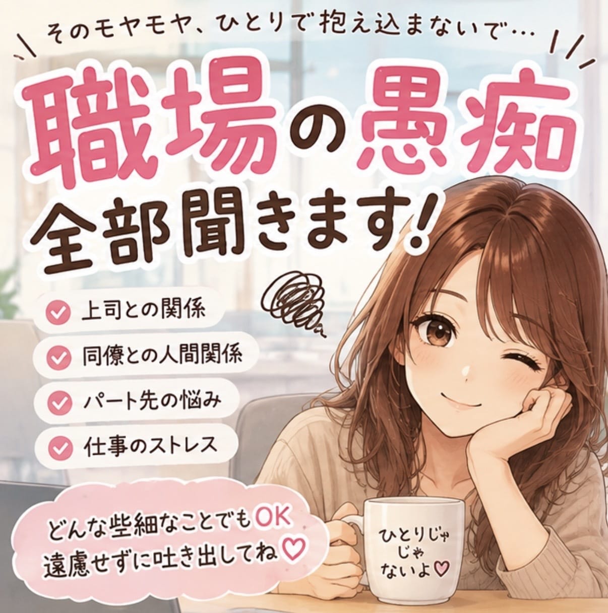 職場の愚痴・人間関係のモヤモヤ全部聞きます 上司・同僚・パート先の愚痴☆.*遠慮なく吐き出して下さい イメージ1