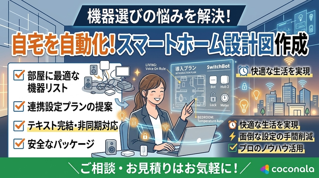 自宅を自動化！スマートホーム導入プラン提案します 自宅の自動化をサポート！部屋に最適なデバイス設計図を作成 イメージ1